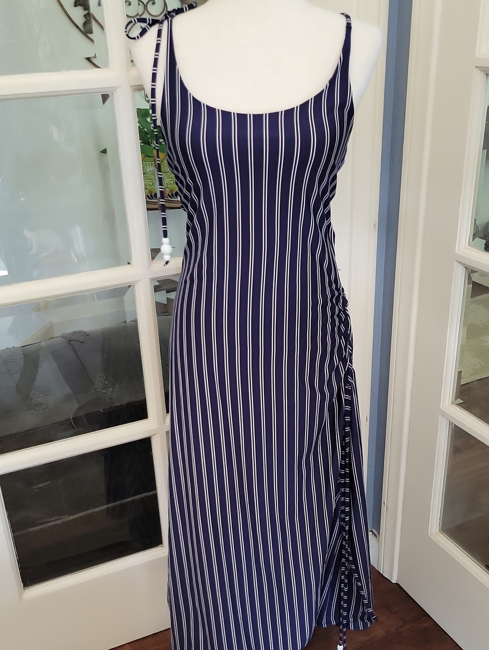 SOLID & STRIPED Beaded Ruched Side Slit Maxi Dress with Beaded Ties | Size: L